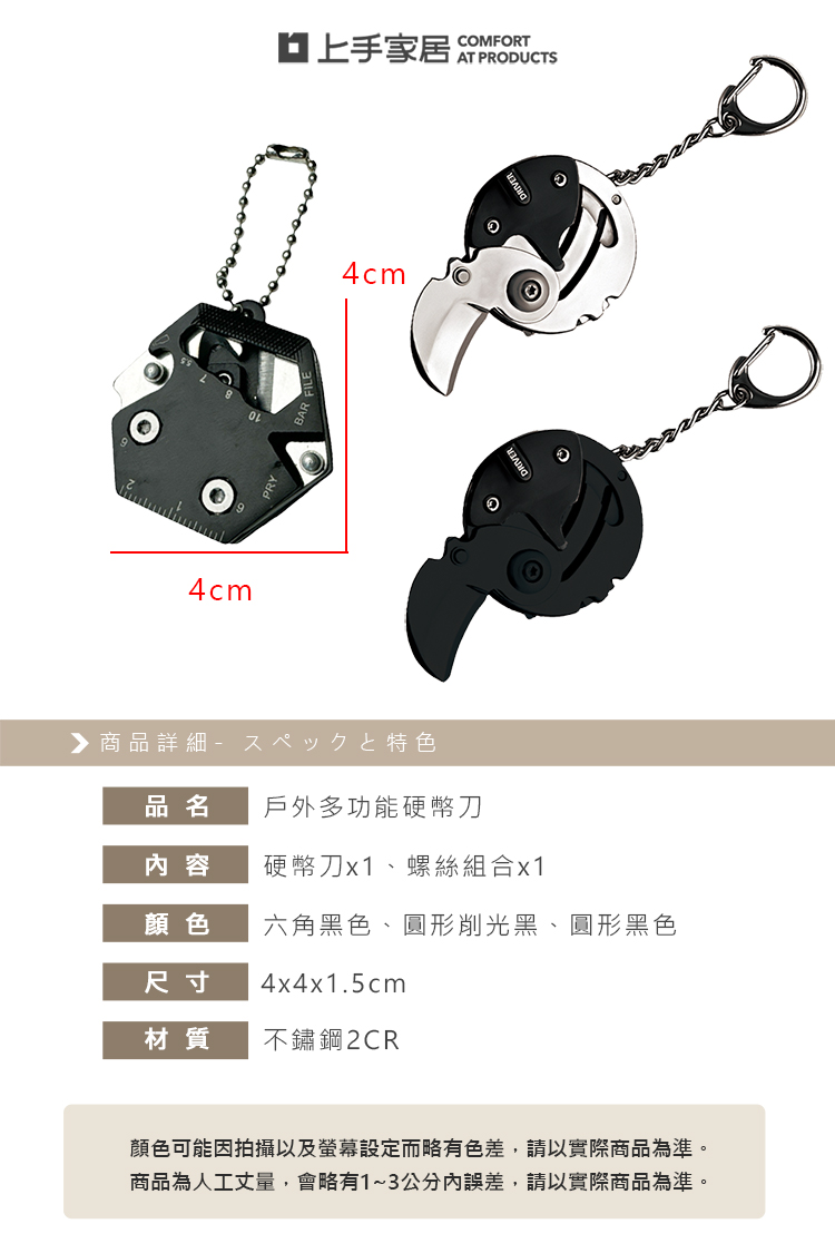 【上手家居】鑰匙圈吊飾硬幣刀-升級六角黑色(瑞士刀/工具刀/小刀/螺絲刀/螺絲起子/吊飾/野外求生/拆信刀), , large