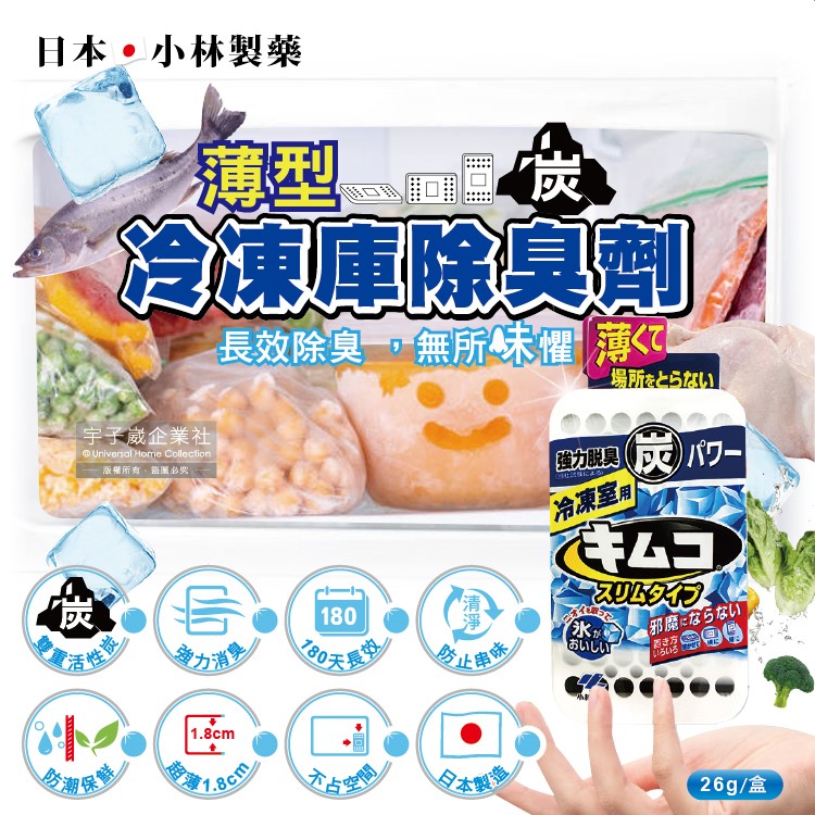 [日日好物]日本小林製藥-冰箱冷凍庫專用1.8cm超薄型雙重活性炭除臭劑26g/盒(180天長效防潮脫臭食物保鮮), , large