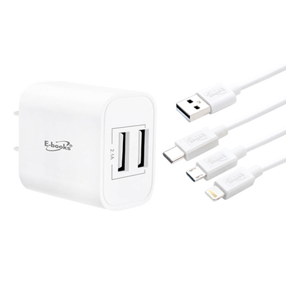 E-BOOKS B66 Dual-Port USB Fast Charger + Free 3-in-1 Charging Cable Supports simultaneous charging of multiple devices, , large