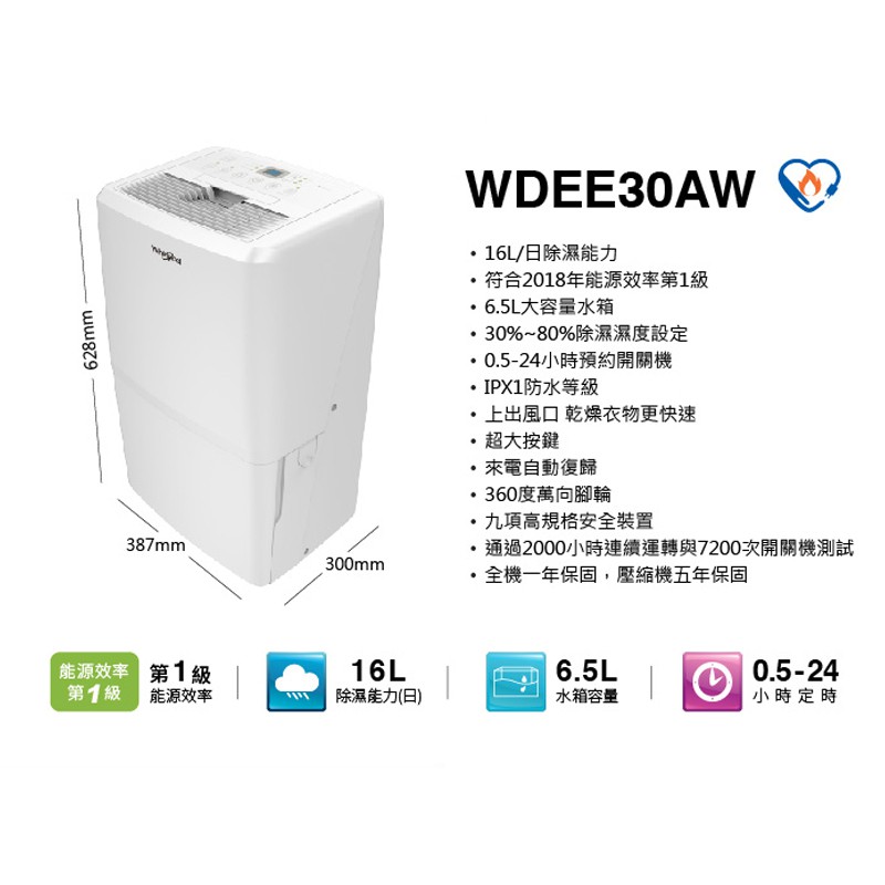 Whirlpool 16L Energy-Saving Dehumidifier WDEE30AW, , large