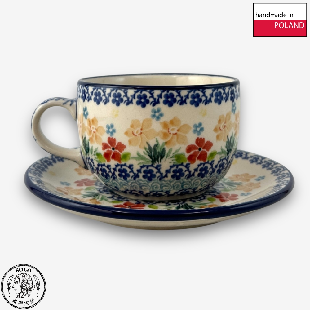 【SOLO Vintage】CA Polish Pottery 200ml Coffee Cup + Saucer Set Spring Blossoms Dance Series Made in Poland, , large