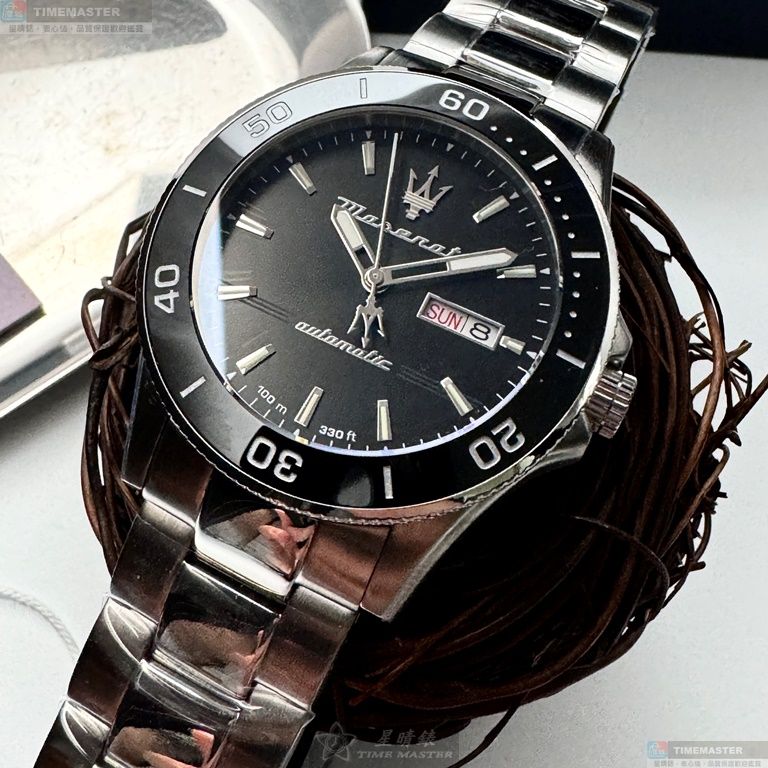 [星晴錶業]MASERATI手錶,44mm,R8823100002黑色錶面黑錶殼銀色精鋼錶帶款, , large