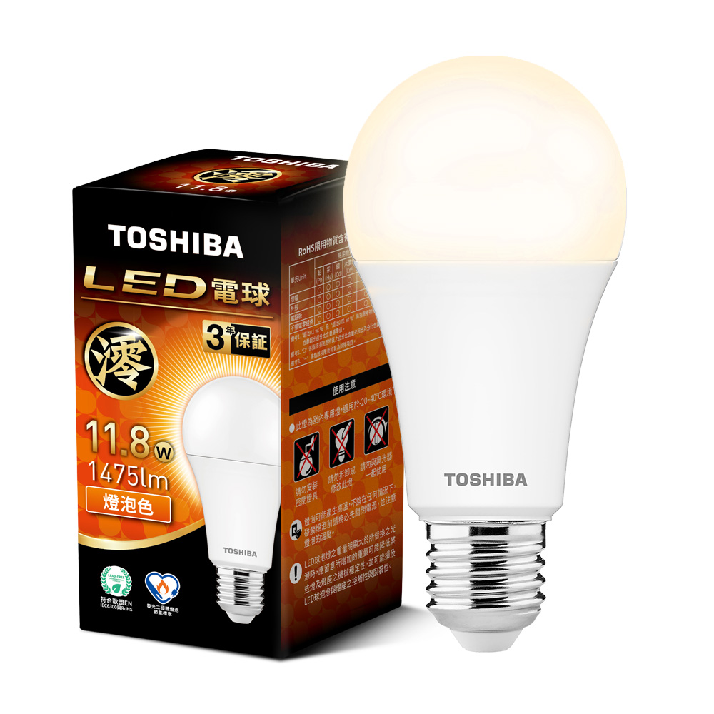 【TOSHIBA 東芝】20入組 澪系列 LED燈泡 11.8W 3年保固 高流明 節能標章(燈泡色), , large