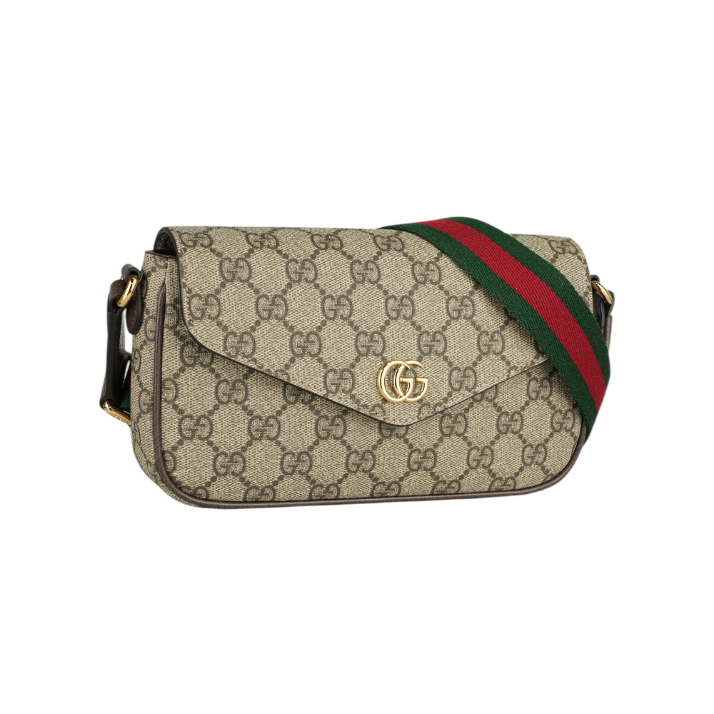 GUCCI Ophidia 塗層帆布及綠紅織帶信封式迷你斜背包/米色/烏木色, , large