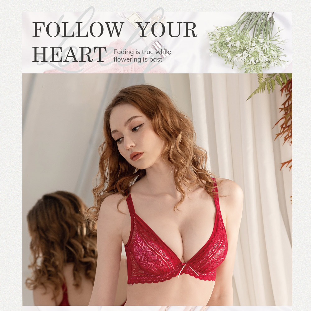 【可蘭霓Clany】上胸澎澎飽滿V曲線防外擴托高QQ B-D 機能集中內衣 熱情紅 6967-96, , large