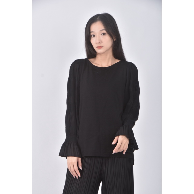 (S) marble waltz質感圓領黑色長袖上衣二手衣, , large