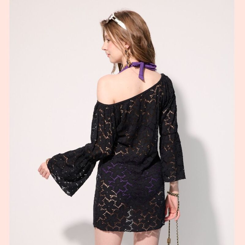 Monina, Made in Taiwan, Long-sleeved Black Lace Openwork Cover-up, Limited Edition., , large