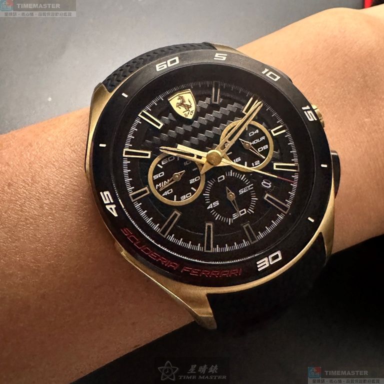 [星晴錶業]FERRARI手錶,46mm,FE00106黑色錶面金色錶殼深黑色矽膠錶帶款, , large