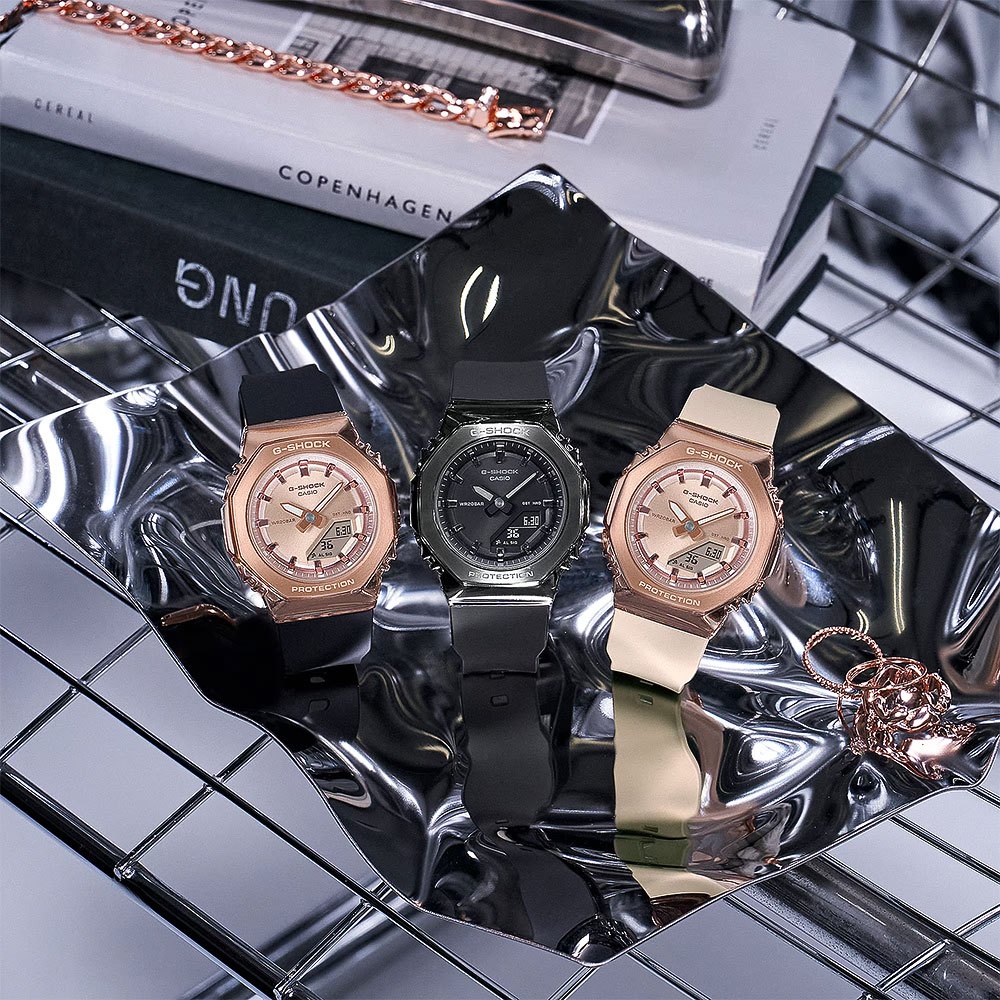 CASIO 卡西歐 G-SHOCK 個性時尚 八角金屬錶殼 雙顯手錶-玫瑰金x米白 GM-S2110PG-4A, , large