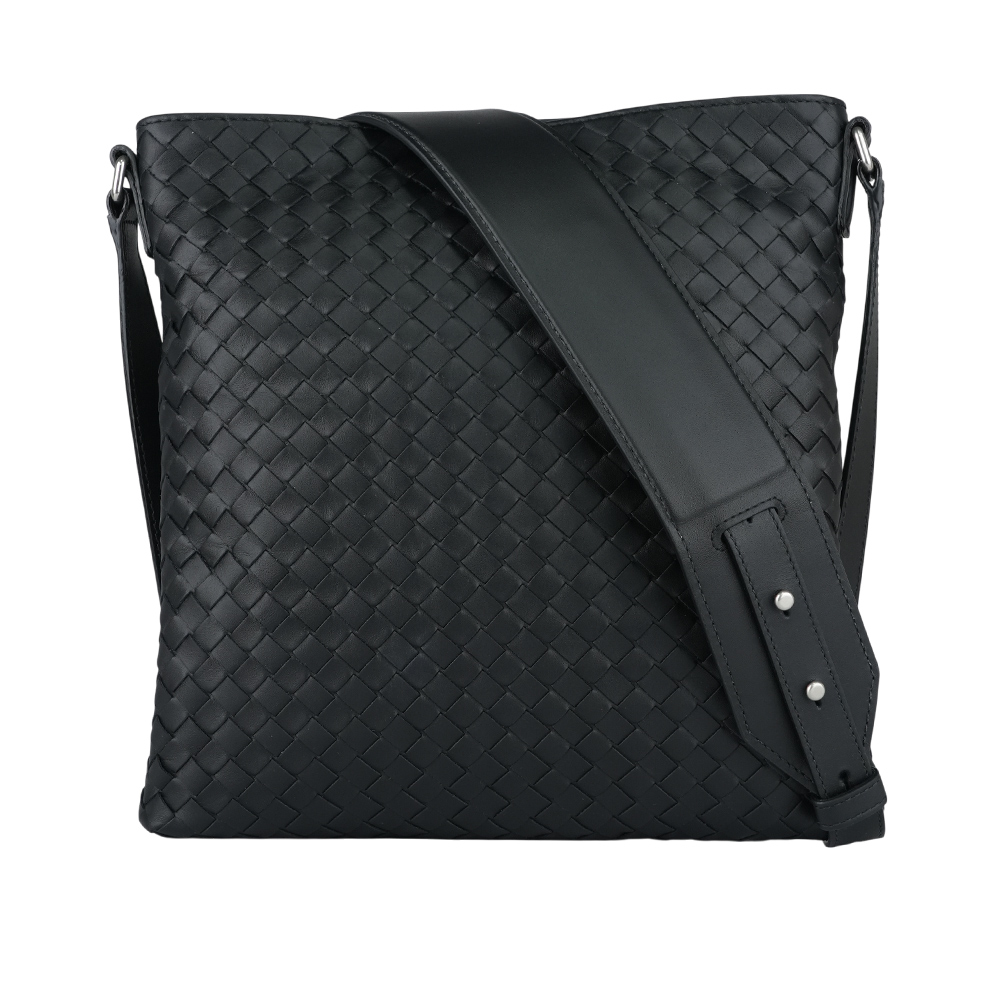 BOTTEGA VENETA 小牛皮編織寬背帶斜背包/黑色, , large