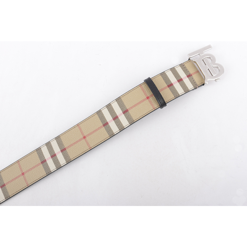 BURBERRY 銀色TB Logo 帆布拼牛皮寬4cm/90cm皮帶/米色, , large