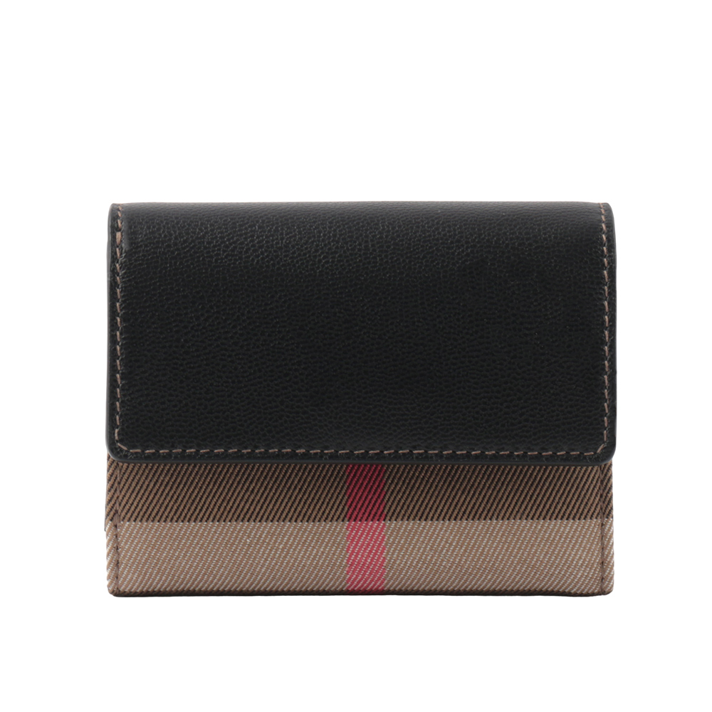 BURBERRY Lancaster 牛皮及帆布格紋三折短夾/黑色/棕色, , large