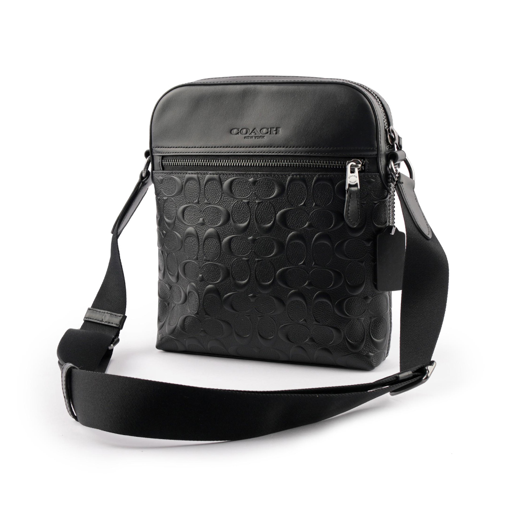COACH Houston C Logo 浮雕牛皮日字拉鍊斜背包/黑色, , large