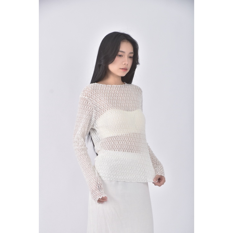 (M) zest質感蕾絲木耳邊圓領白色長袖上衣二手衣, , large