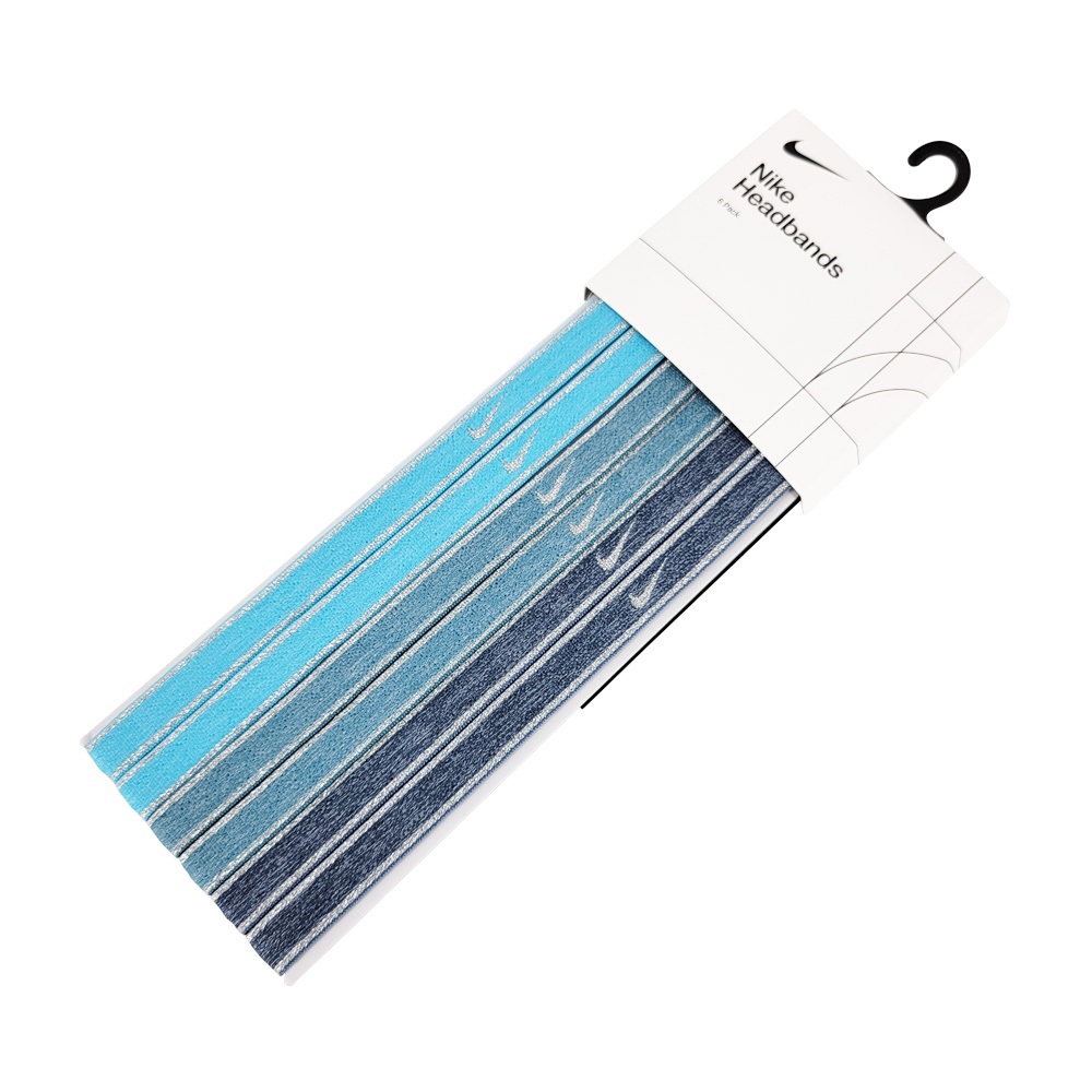 NIKE METALLIC 髮帶6入 健身 訓練 跑步 戶外 運動髮帶 簡約 多色 彈性 舒適 防滑 淺藍/藍綠/深藍, , large