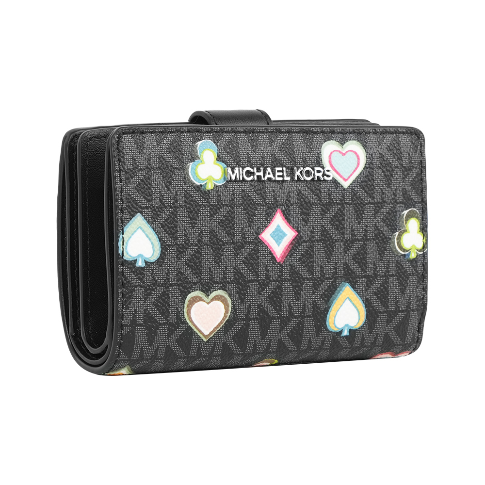 Michael Kors Jet Set 撲克牌花色塗層帆布釦式中夾(黑色), , large