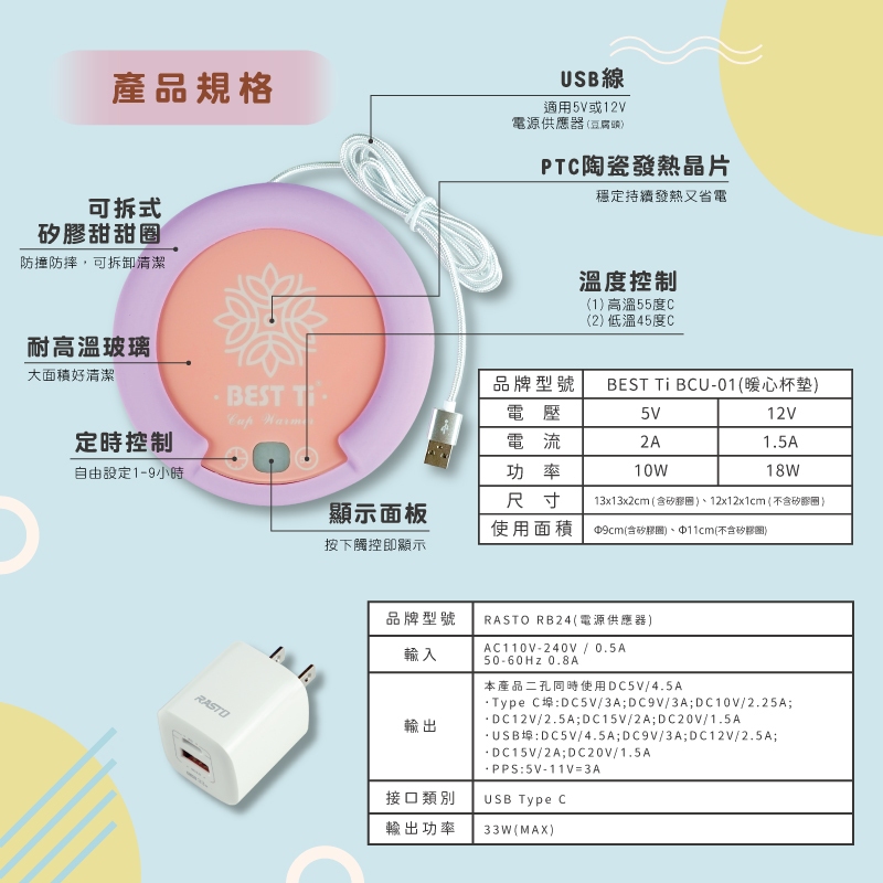 【USB馬卡龍暖心杯墊】【3.0快充插頭 MIT台灣製造】隨插即用 加熱杯墊  暖杯墊 杯墊組 恆溫加熱杯墊, , large