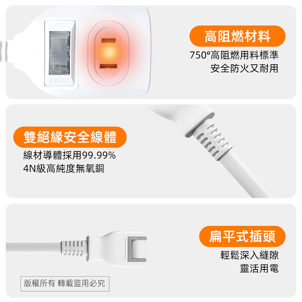 Practical Plate 1 Open 2 Insert 9 Feet 2P Extension Cord 2.7 Meters PNA212-9 Fireproof PC Material Independent Switch Design Energy Saving and Safety, , large