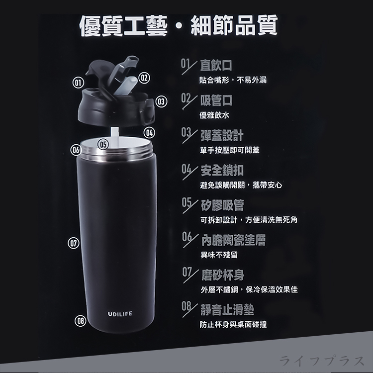 樂司/雙飲口不鏽鋼陶瓷保溫杯-600ml-武士黑-1入, , large