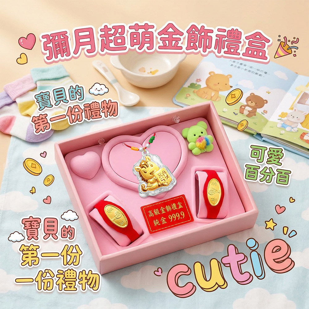 【童樂繪金飾】馬年彌月黃金禮盒 多選 約重0.1錢 附贈馬年平安符 (滿月 保平安 999純金), , large