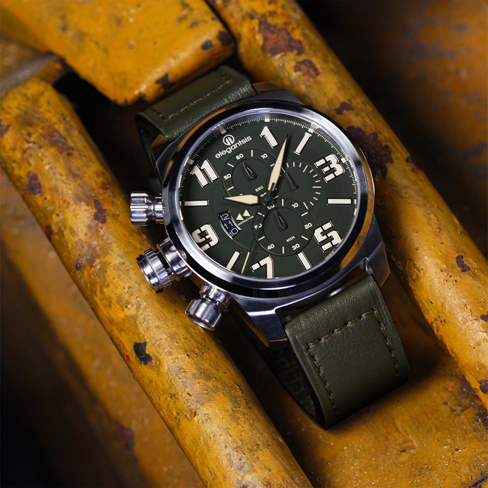 elegantsis 愛樂時 JF48QS-陸海空三軍大錶徑三眼計時手錶-陸軍綠/48mm ELJF48QS-OG05L, , large