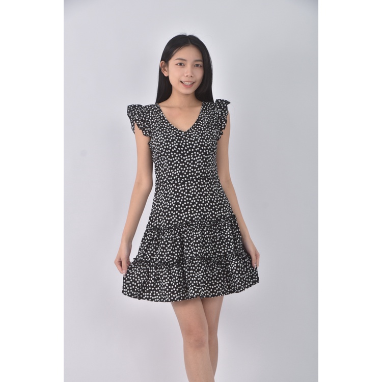 (S) shein質感無袖花紋黑色洋裝二手衣