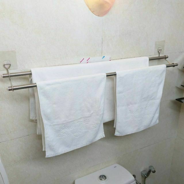 [熊好貼國際]雙桿毛巾架 浴巾架90cm不銹鋼 凹凸紋路牆面可貼(超黏貼) 平滑面（重覆貼）無痕掛鉤 耐重 舒適家, , large