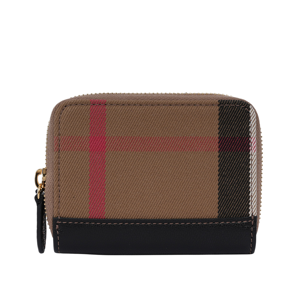 BURBERRY 大格紋帆布及牛皮ㄇ形拉鍊零錢包/卡夾包/黑色, , large