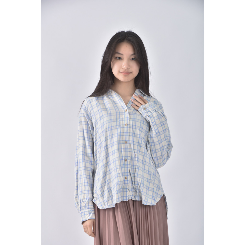 (L) uniqlo排扣格紋藍色襯衫上衣二手衣, , large
