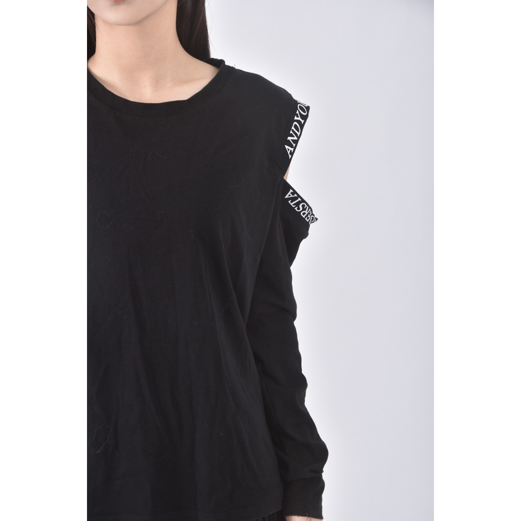 (M) ai yi zhuang質感挖肩字母黑色長袖上衣二手衣, , large