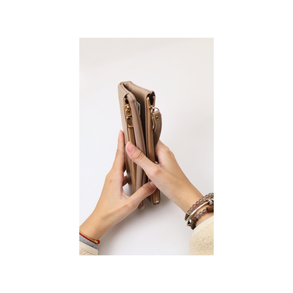 LUN&Eacute;A 柔光小羊皮雙層對折長夾-奶茶色  多卡位收納 人氣女用皮夾 女夾 錢包, , large