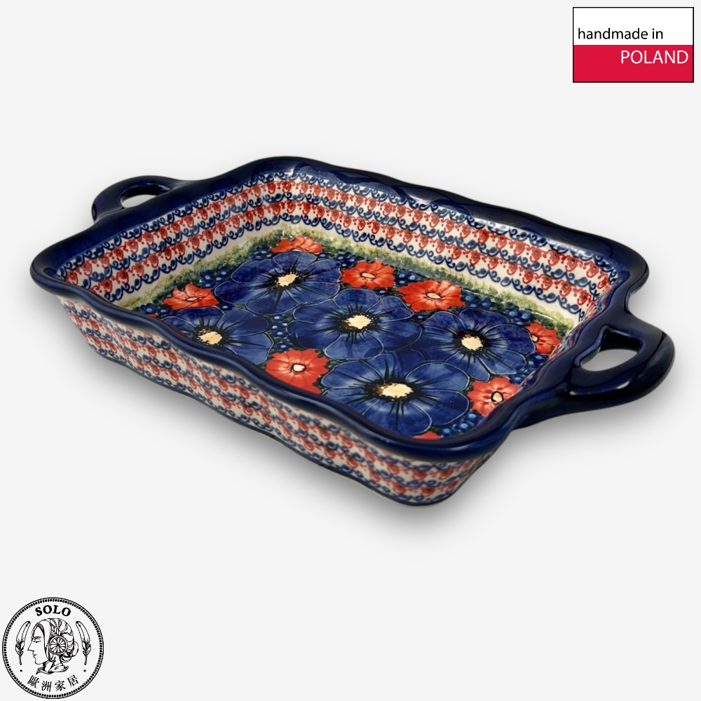 【SOLO Vintage】Cerraf Polish Pottery 30.5cm Baking Pan Dish Red and Blue Blossoming Elegance Series Made in Poland, , large