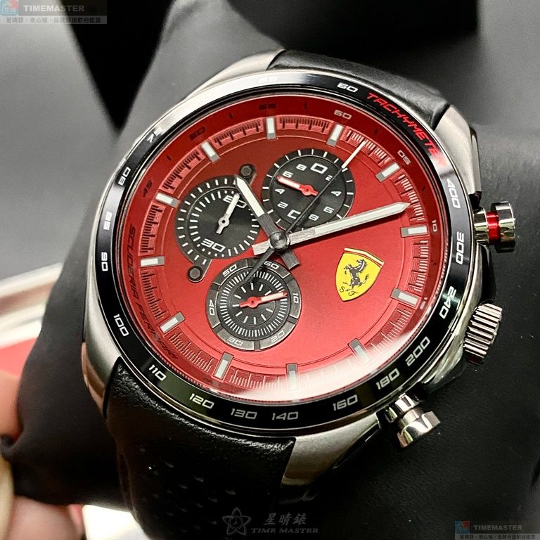 [星晴錶業]FERRARI手錶,46mm,FE00060紅色錶面槍灰色錶殼深黑色真皮皮革錶帶款, , large