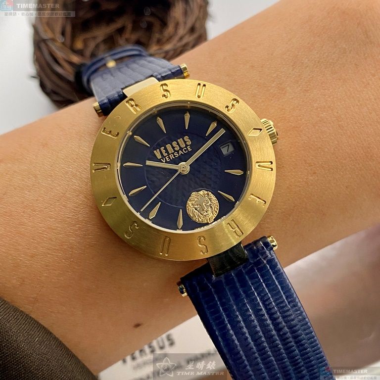 [星晴錶業]VERSUS VERSACE手錶,34mm,VV00335寶藍色錶面金色錶殼寶藍真皮皮革錶帶款, , large