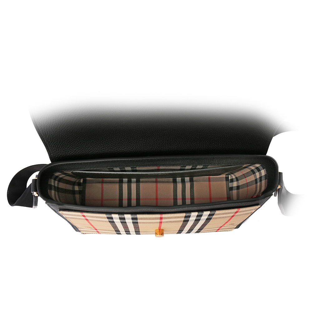 BURBERRY Vintage格紋拼皮革翻蓋斜背包/黑色, , large