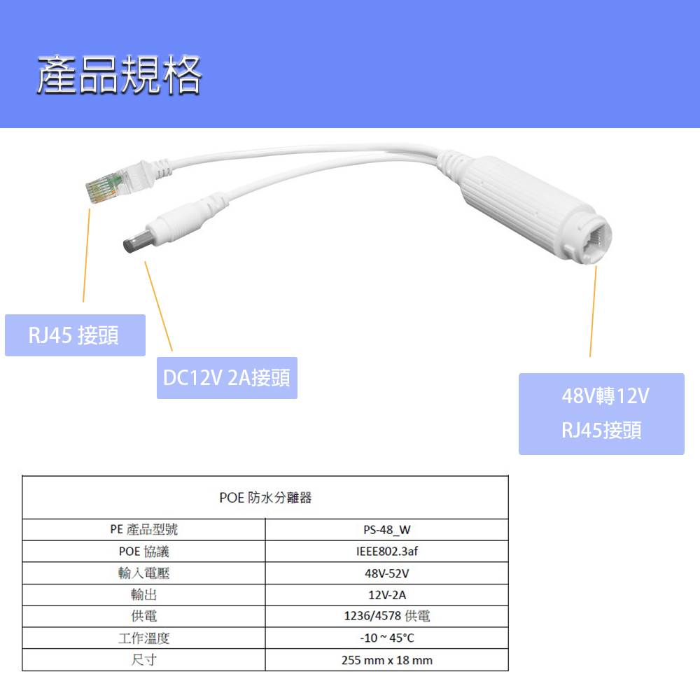 [逸奇科技] 48V轉12V標準防水型POE分離器 IEEE 802.3af/at, , large