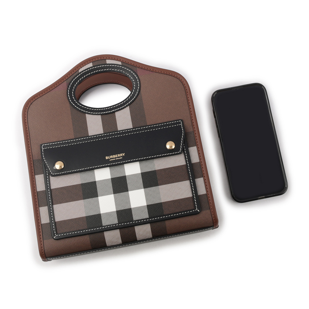 BURBERRY 格紋拼皮革手提/斜背口袋包(Mini)/暗樺木棕色, , large