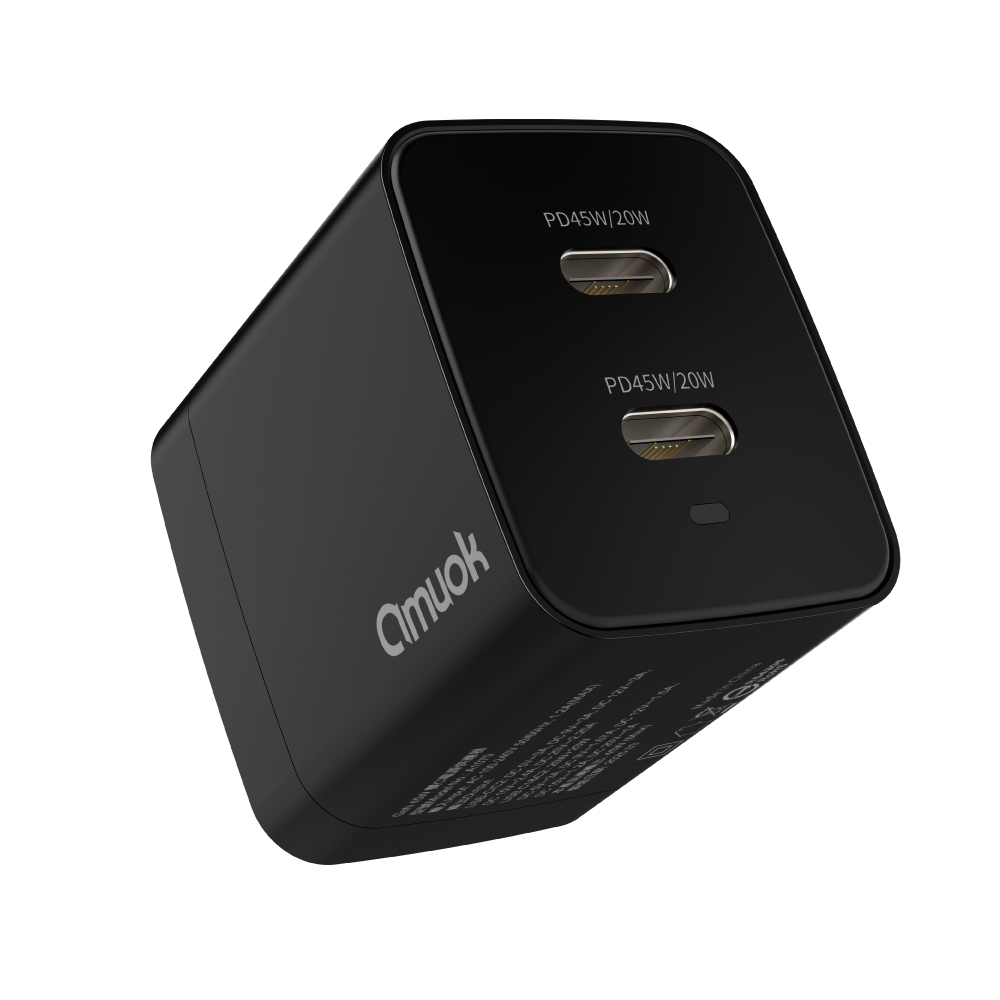 【amuok】GaN 45W 雙Type-C PD3.0快速充電器(黑色)(電源供應器 豆腐頭 充電頭), 黑色, large