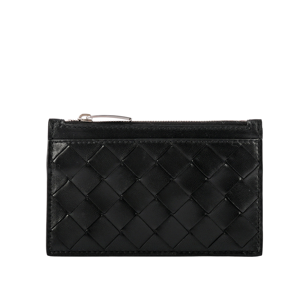BOTTEGA VENETA 新款編織附鑰匙圈拉鍊卡夾/零錢包/黑色