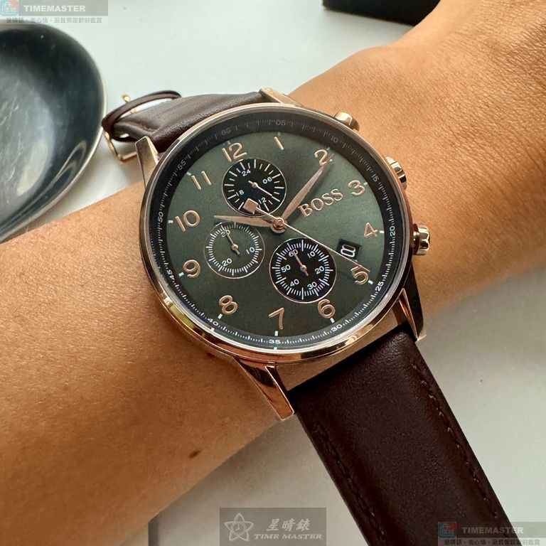 [星晴錶業]BOSS手錶,44mm,HB1513496黑色錶面玫瑰金錶殼咖啡色真皮皮革錶帶款, , large
