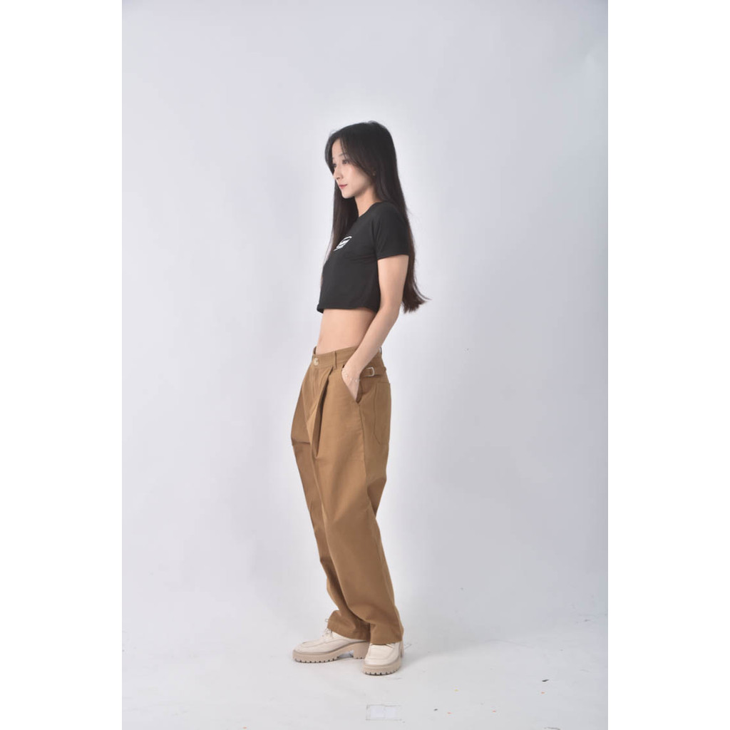 (M) 邊縫高腰棉質純棉黃色長褲二手衣, , large