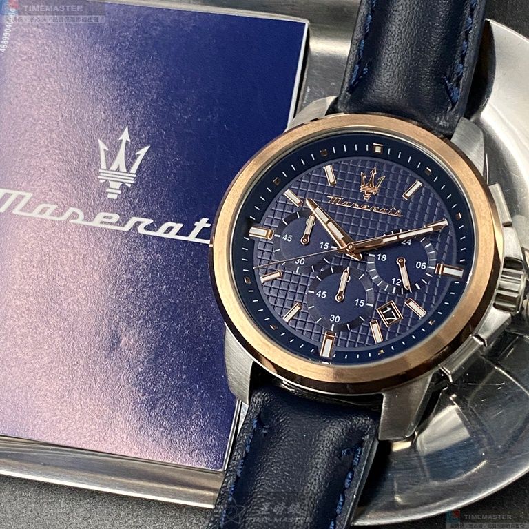 [星晴錶業]MASERATI手錶,44mm,R8871621015寶藍色錶面玫瑰金錶殼寶藍真皮皮革錶帶款, , large