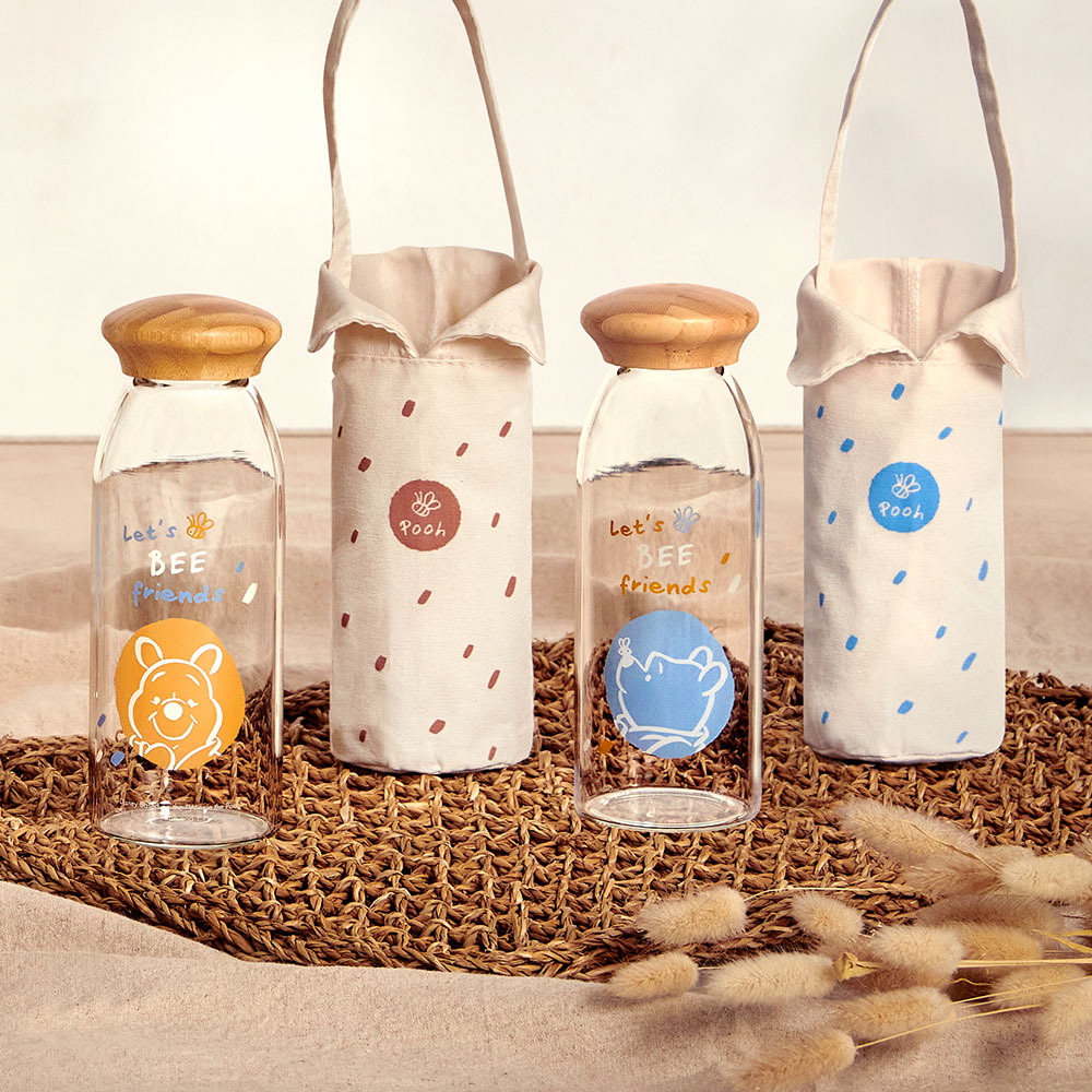 Disney Winnie the Pooh Days Bamboo Lid Small Glass Bottle Tote Bag Set 500ml, , large