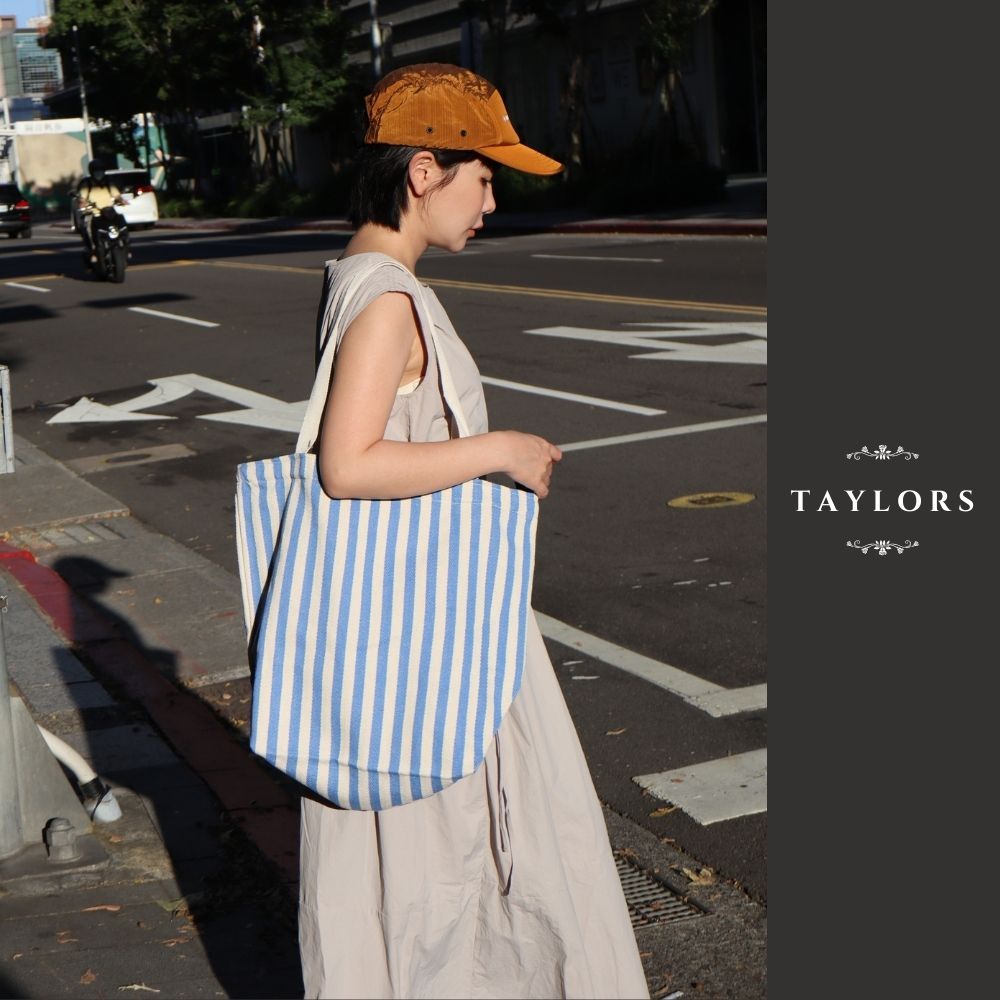 【TAYLORS】韓版 夏日條紋帆布托特包-焦糖 棉布軟包 大容量 帆布袋 手提 肩背包 沙灘袋, , large