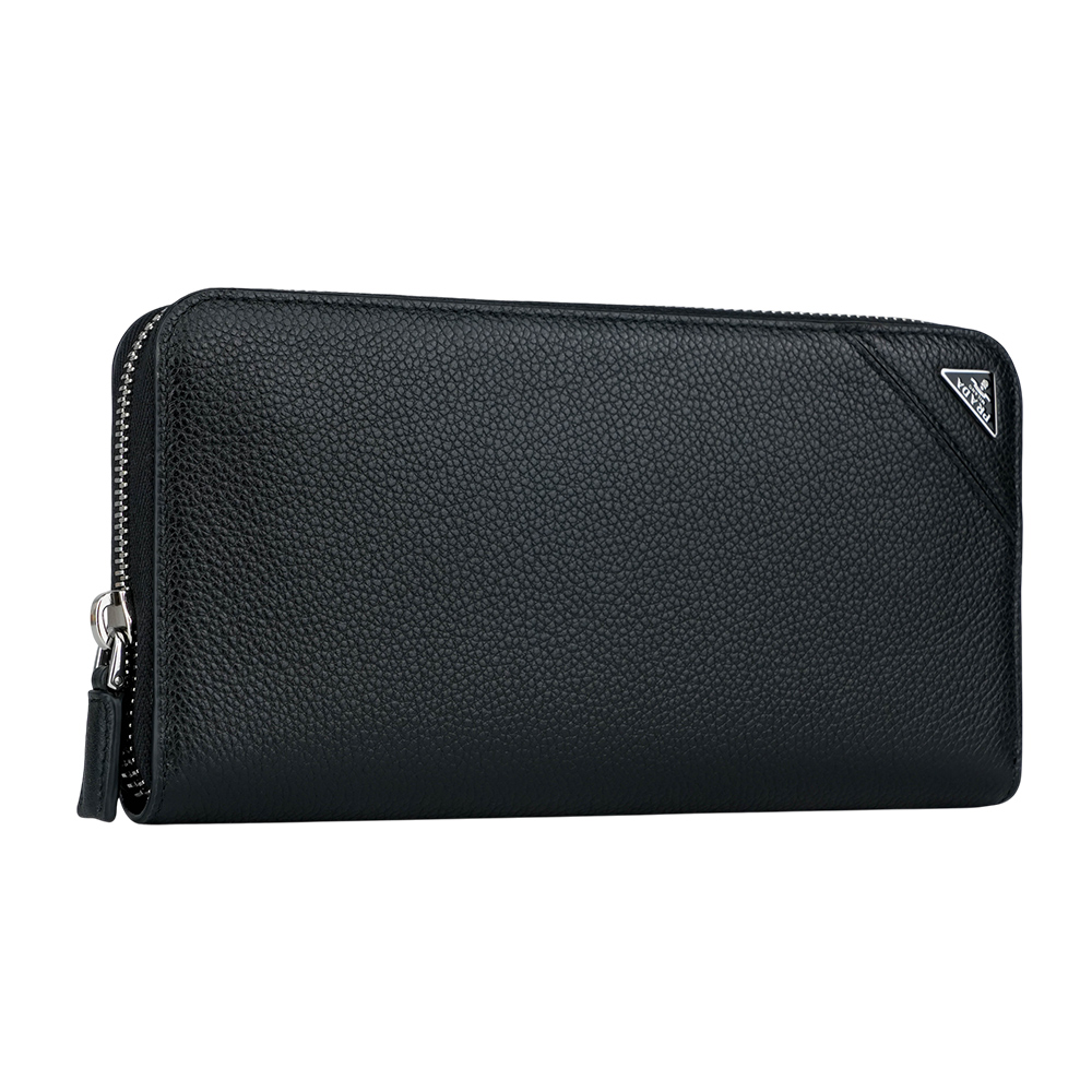 PRADA 銀色三角牌Logo 粒紋皮革ㄇ型拉鍊長夾/黑色, , large