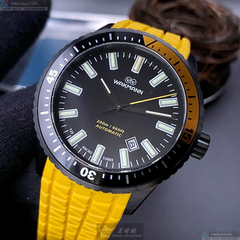 [星晴錶業]WAKMANN手錶,44mm,WA00029黑色錶面黑錶殼黃矽膠錶帶款, , large