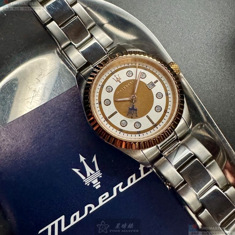 [星晴錶業]MASERATI手錶,32mm,R8853100502白色幾何立體圖形錶面玫瑰金錶殼銀色精鋼錶帶款, , large