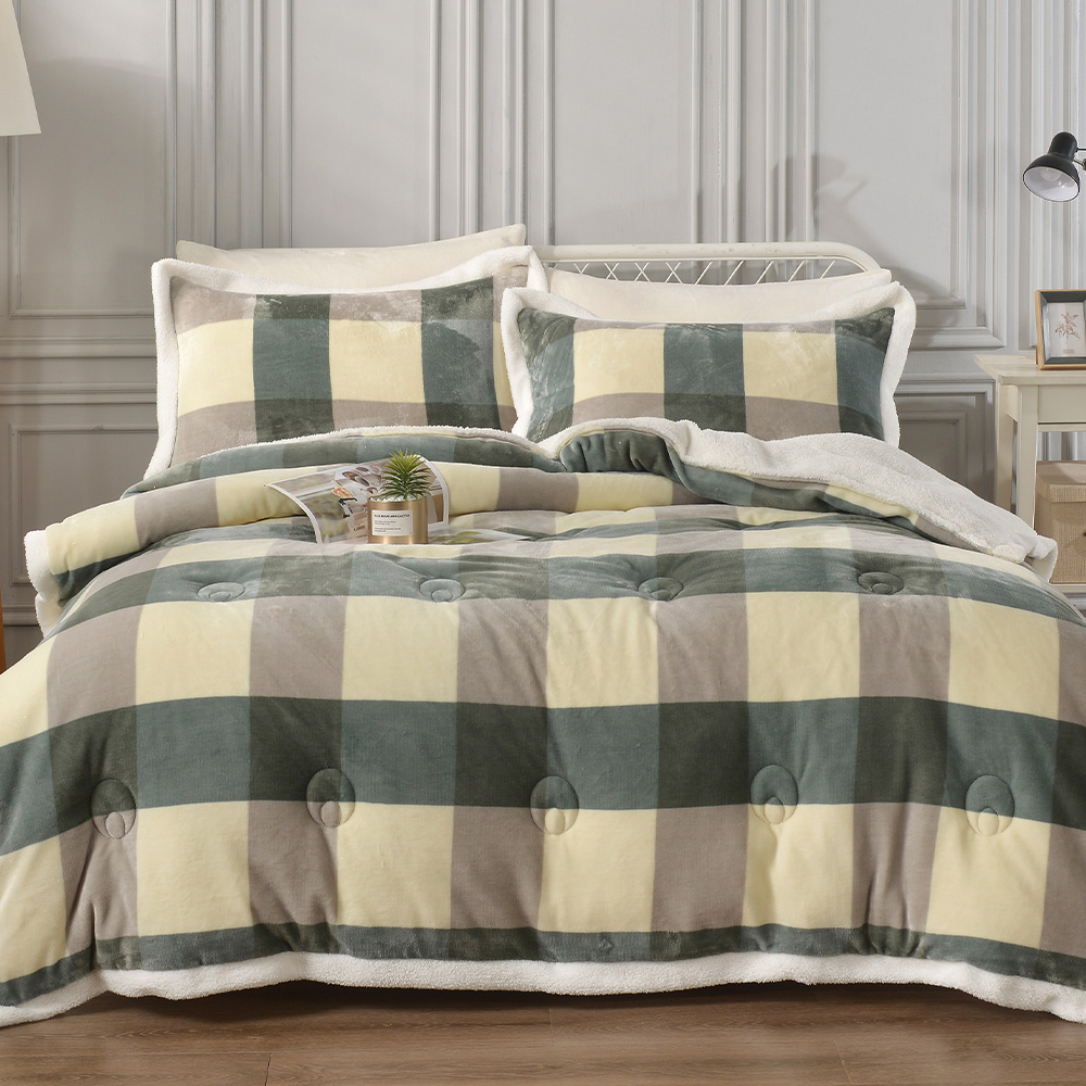 [LY SHIN BEDDING] Betrise Leisurely green grid | Simple Milk Velvet X Lamb Velvet  Hemming Double-sided thickened multi-functional warm quilt (big size 180X210CM), , large