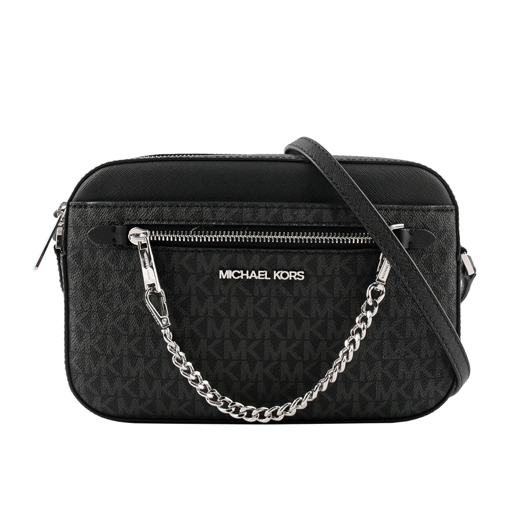 Michael Kors 銀字滿版塗層帆布附鏈帶前口袋方包/黑色, , large