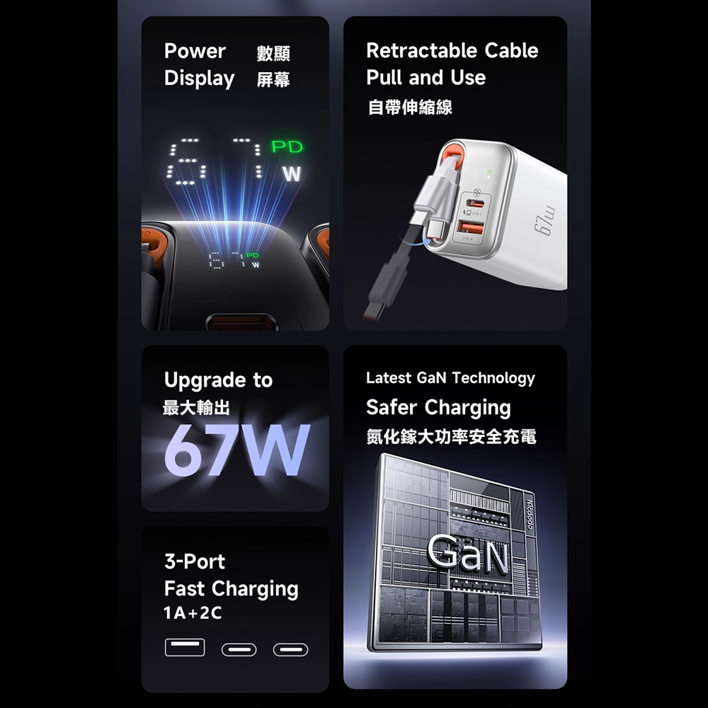 Mcdodo麥多多 LQ CH411 FreeGo系列GaN自帶USB-C伸縮線快充充電器67W A+C 美規共三口充電, , large